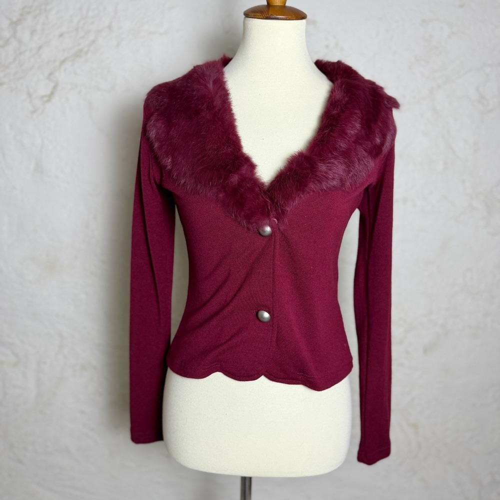 Vtg Y2K Womens Rabbit Fur Collar Cardigan S Burgundy Sweater 90s Buffy Vampire